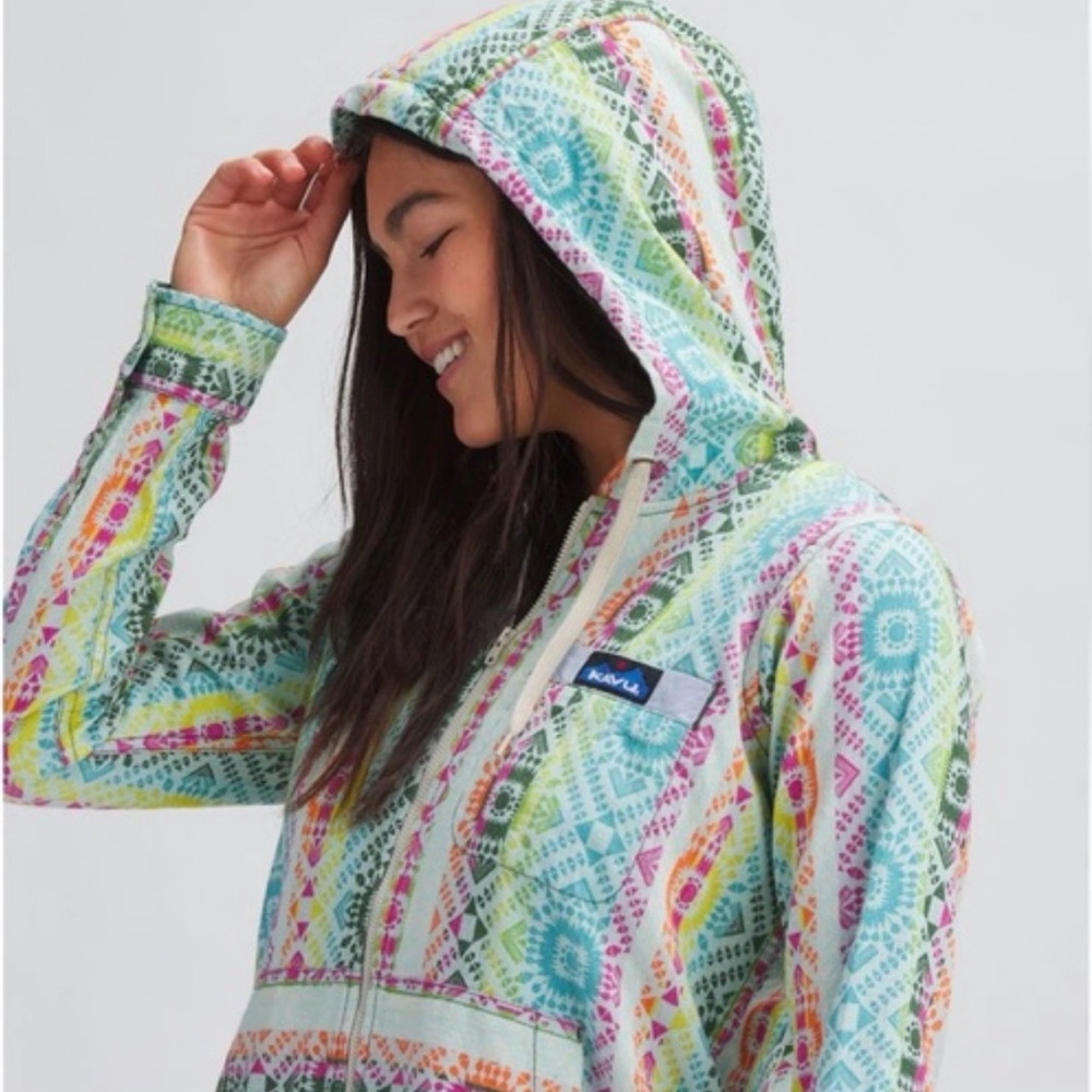Kavu Colorful Geometric Hooded Full Zip Tunic Rainbow 100% Cotton Medium Jacket